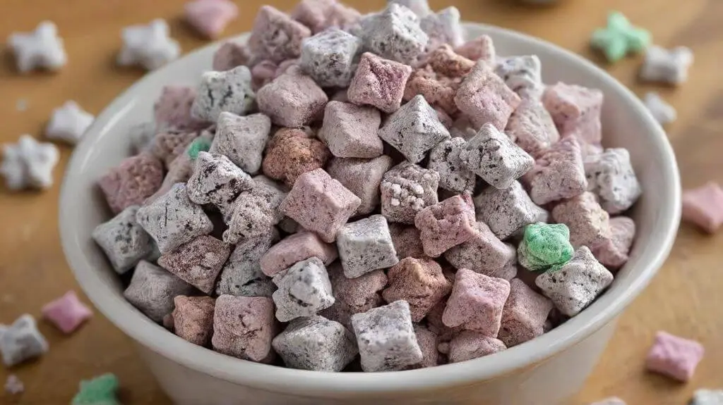"Classic Muddy Buddies in a clear bowl, showcasing the rich chocolate coating and powdered sugar dusting."