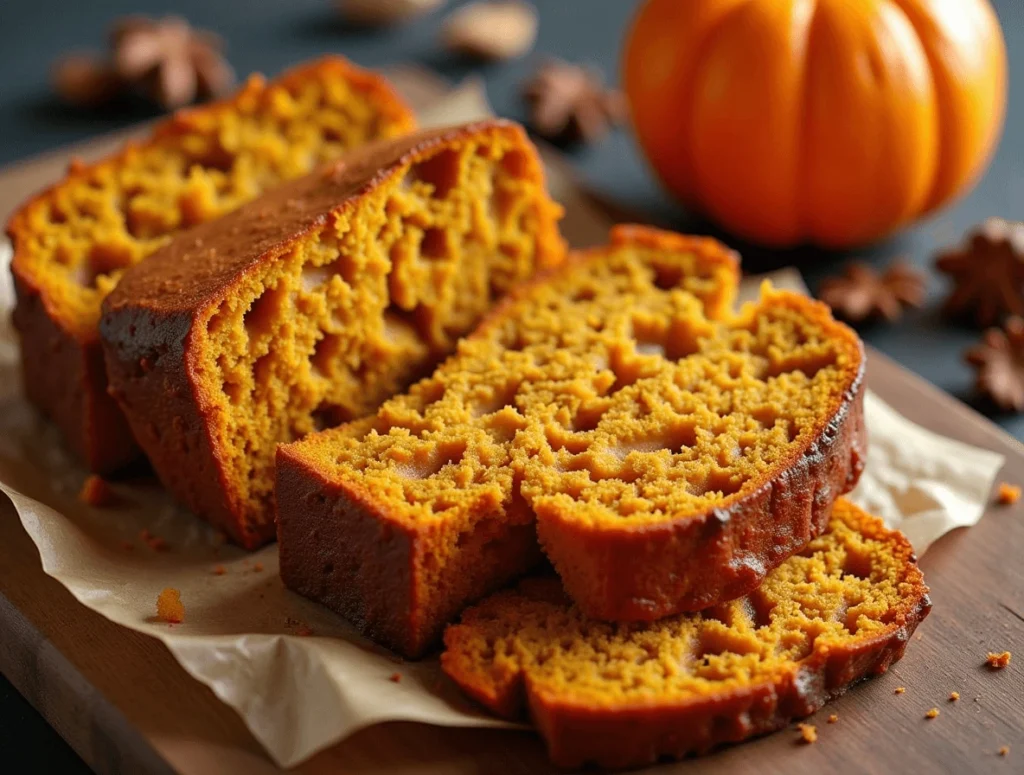 Slice of pumpkin banana loaf showing moist, fluffy crumb with visible banana and pumpkin