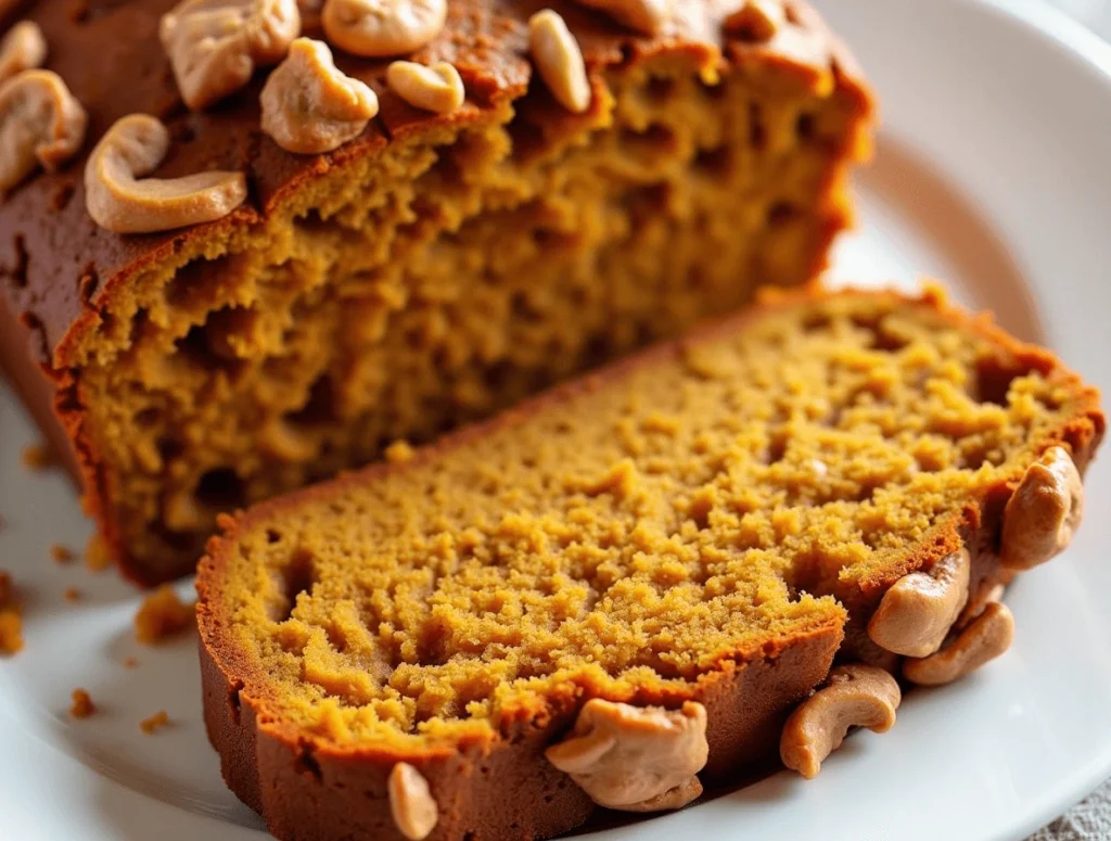 Pumpkin banana batter being poured into a parchment-lined loaf pan