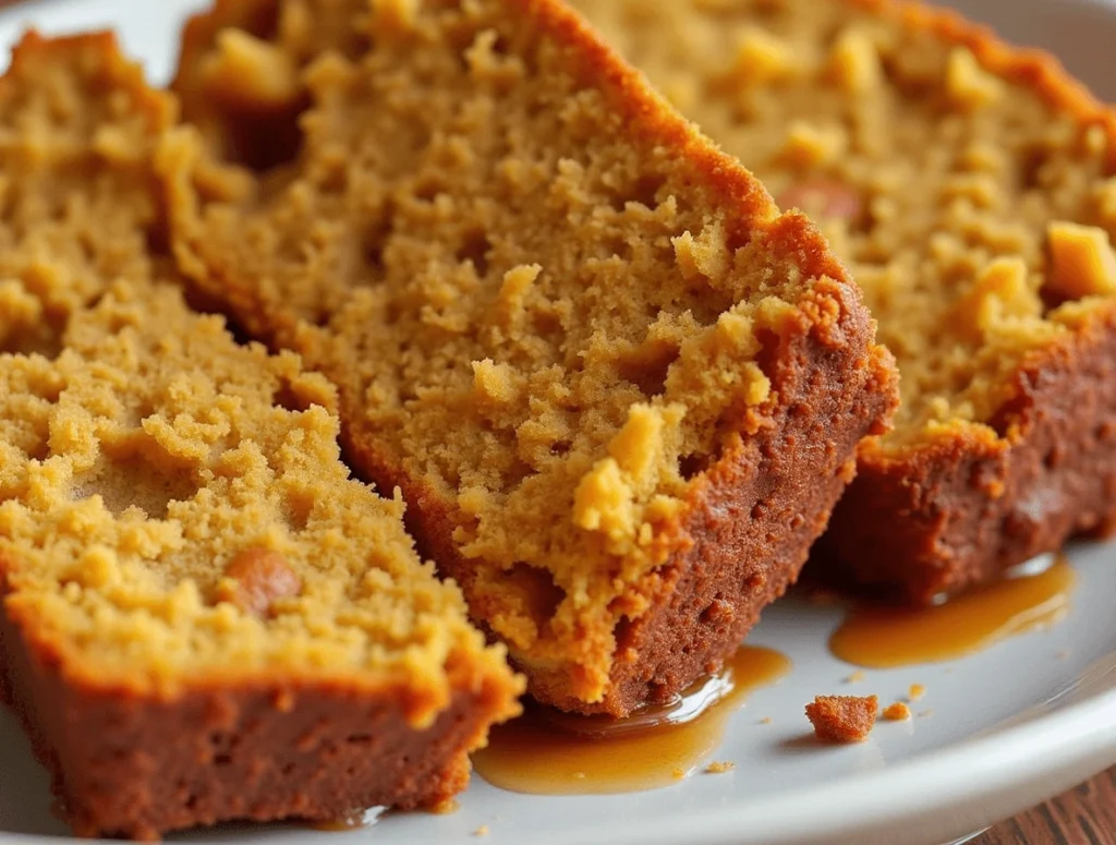 Slices of pumpkin banana loaf on a plate next to a cup of coffee and a cinnamon stick