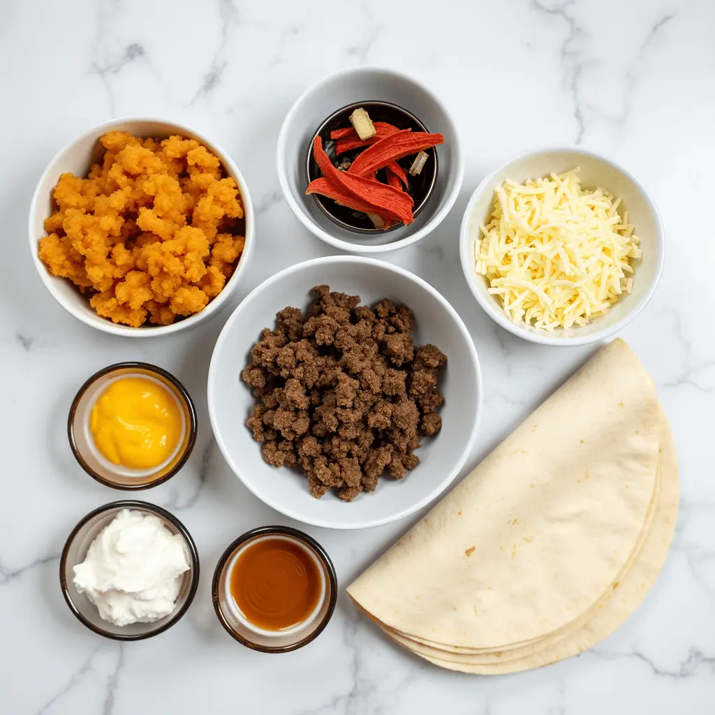 Flat lay of ingredients for a burrito, including cooked ground beef, shredded cheese, mashed sweet potatoes, tortilla wraps, sour cream, hot sauce, nacho cheese sauce, and roasted red pepper slices in small bowls on a white marble surface.