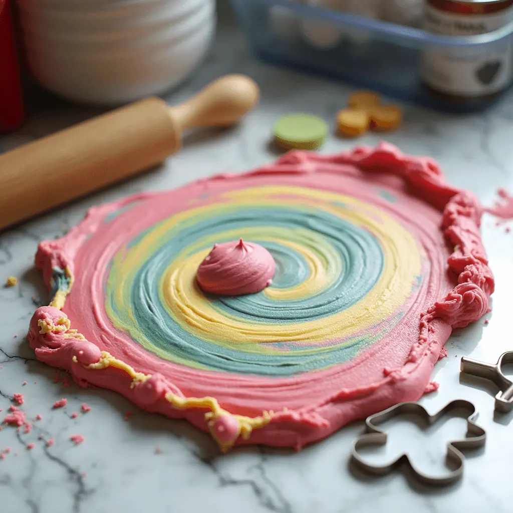 A swirl of colorful cookie dough in pink, yellow, and blue, spread out on a marble surface, with a dollop of pink dough in the center. Nearby are cookie cutters and a wooden rolling pin, suggesting a fun baking activity.