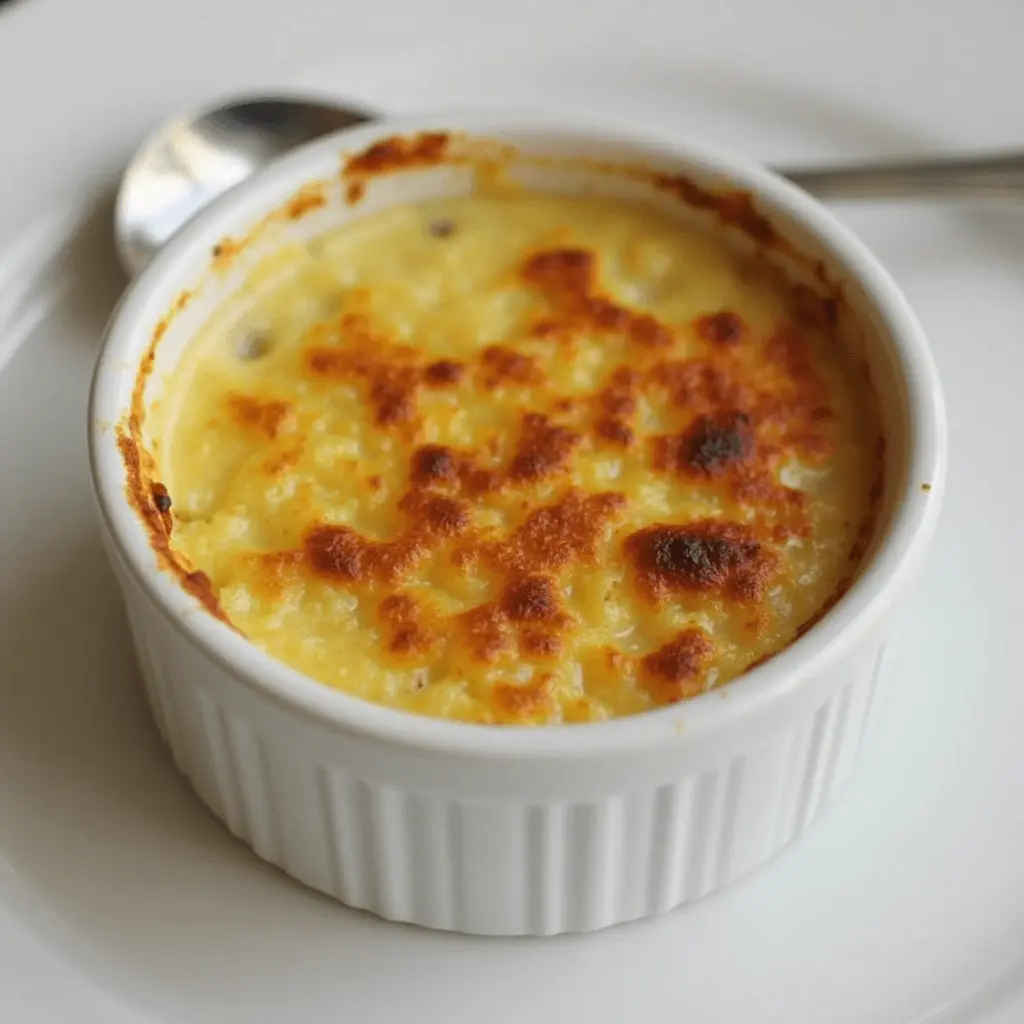 A close-up of a Crab Brûlée served in a white ramekin, with a golden caramelized crust and a creamy interior.