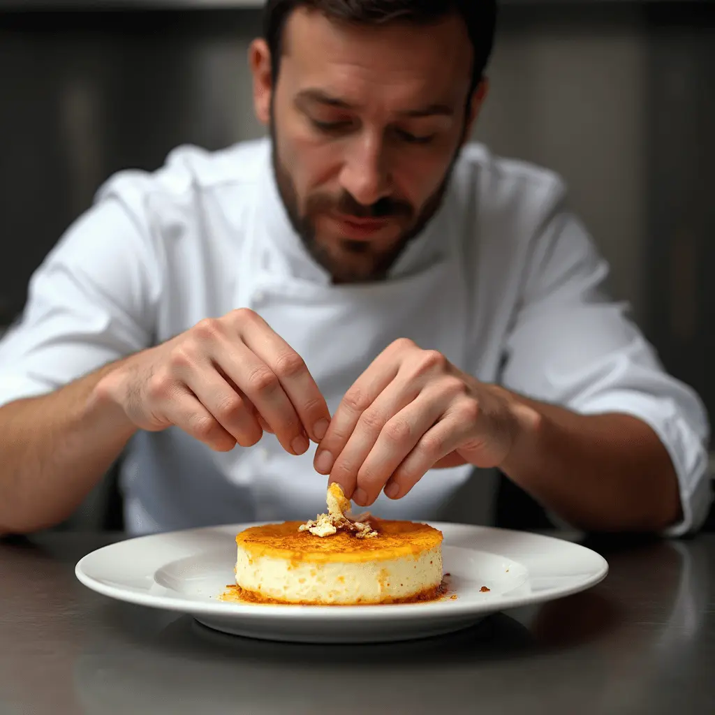 A chef meticulously garnishing a creamy Crab Brûlée dessert with delicate crumbs on top, showcasing a golden caramelized crust.