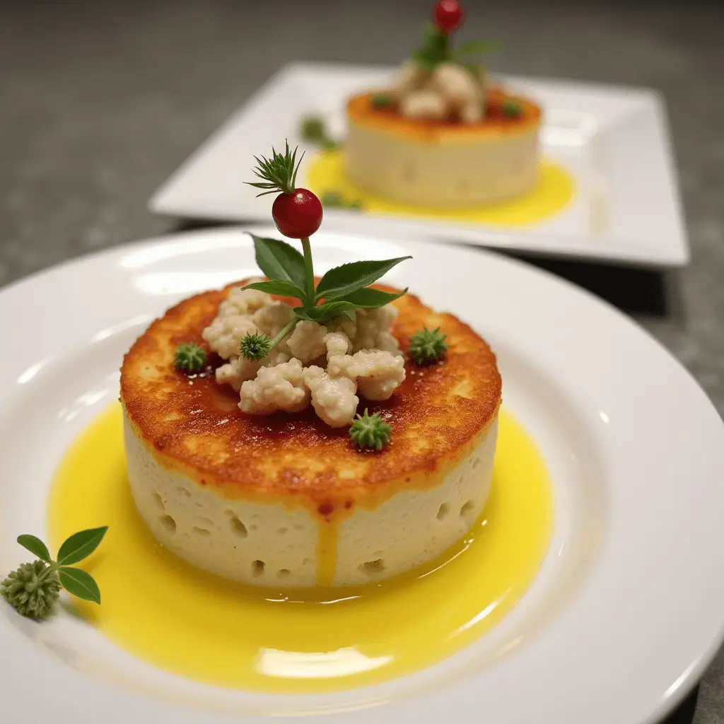 A gourmet Crab Brûlée served on a white plate, topped with a caramelized golden crust, fresh herbs, and a decorative garnish, surrounded by a vibrant yellow sauce.