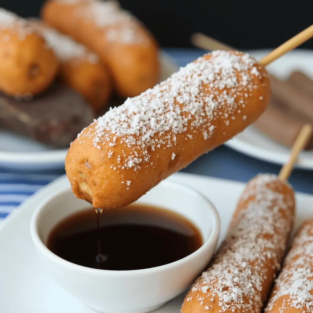 A golden-brown fried breakfast sausage on a stick, dusted with powdered sugar, being dipped into syrup.