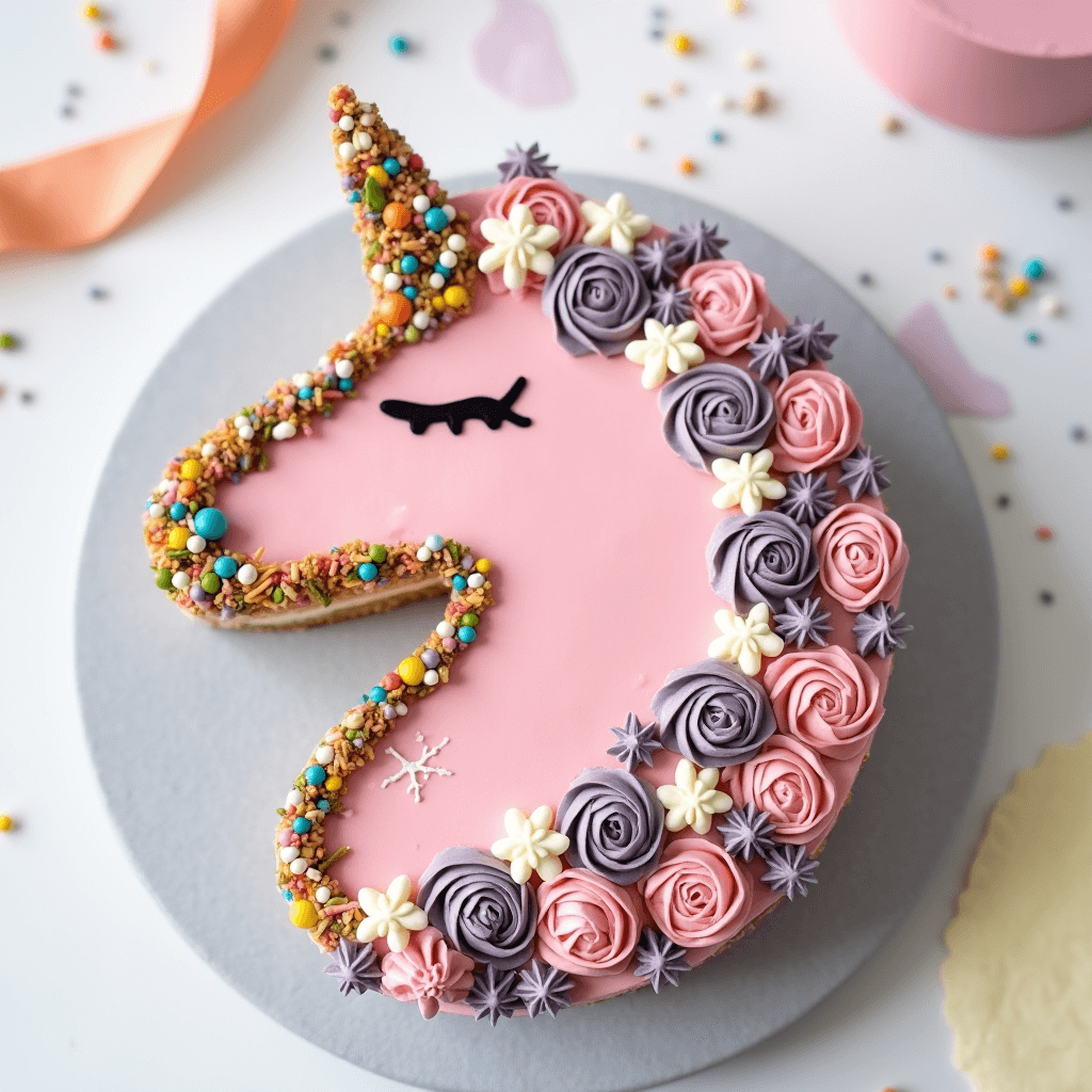 A whimsical unicorn-themed cake with a pink base, decorated with colorful sprinkles on the horn and mane outline. The mane is adorned with intricately piped flowers in pastel shades of pink, purple, and white, creating a charming design.