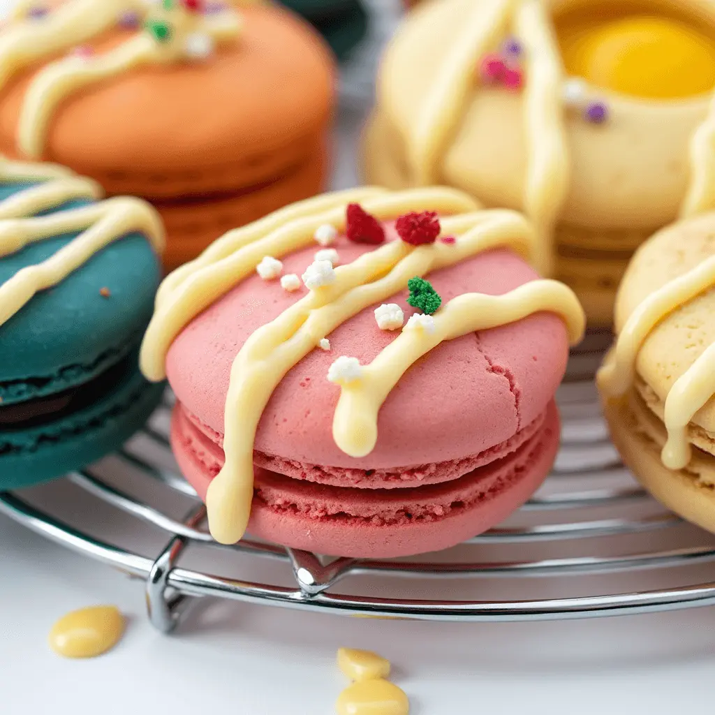 A close-up of colorful macarons on a wire rack, featuring pink, blue, orange, and yellow macarons drizzled with creamy white chocolate and topped with sprinkles and decorative toppings.