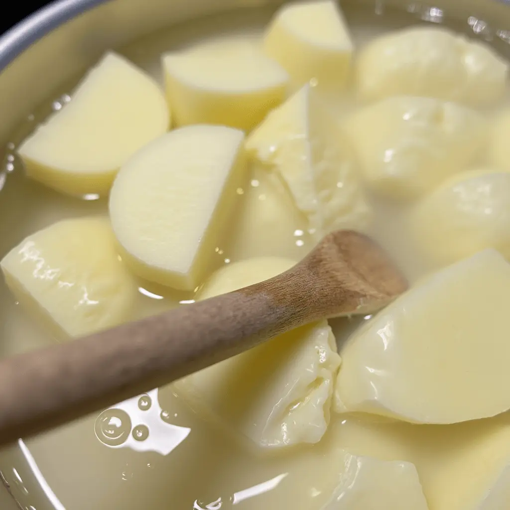 Chopped potatoes soaking in water, with a wooden spoon resting in the pot. The potatoes are peeled and cut into chunks, ready for cooking.