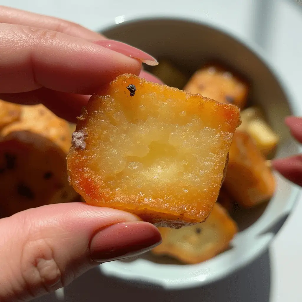 Close-up of a golden, crispy potato chunk held between two fingers, showcasing the perfect texture of oven-baked potatoes.