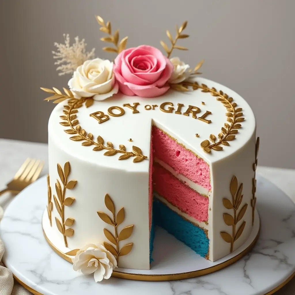 A beautifully designed gender reveal cake with white fondant, golden leaf decorations, and the words "Boy or Girl" on top. The cake slice reveals pink and blue layers inside, symbolizing the gender reveal.