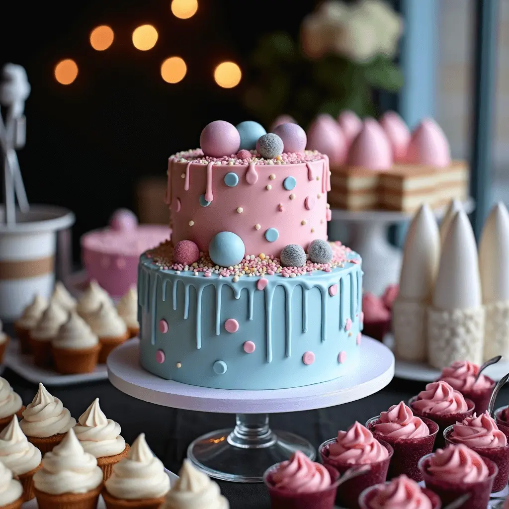 A two-tiered gender reveal cake with a pink top layer and a blue bottom layer, featuring drip frosting, polka dots, pastel sprinkles, and decorative spheres. Surrounding the cake are cupcakes and desserts in matching pink and white tones.