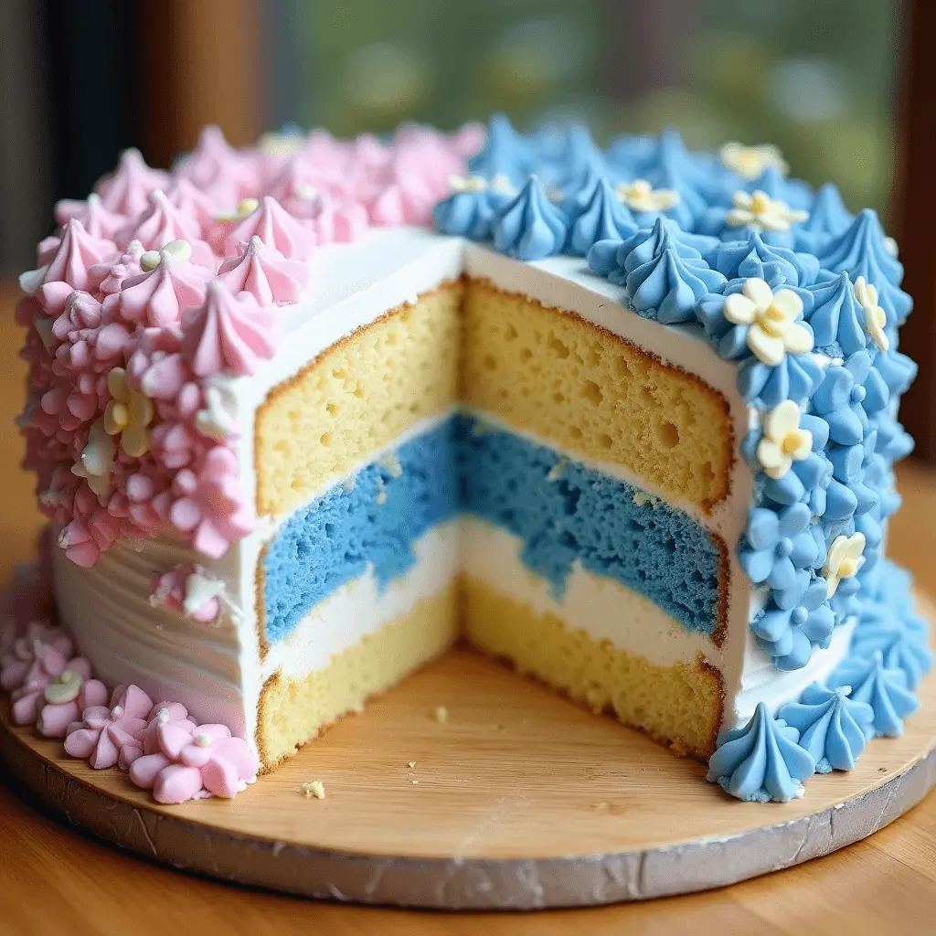 A two-layer gender reveal cake with pastel pink and blue decorations on the frosting. The cake features yellow sponge layers and a blue layer in the center, symbolizing the gender reveal. The outer frosting is adorned with intricate flower designs in pink and blue.