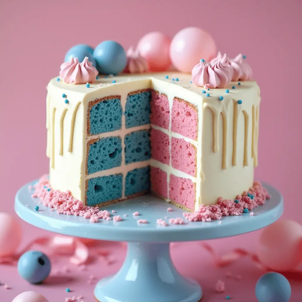 A gender reveal cake with a checkerboard design of pink and blue layers, topped with pastel pink and blue decorations and a white chocolate drip.