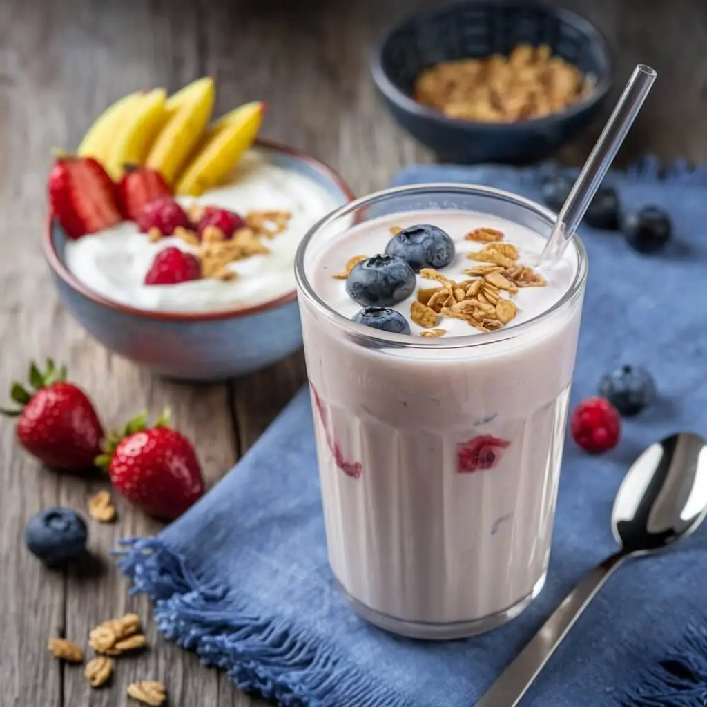 A glass of creamy yogurt drink with fresh blueberries, granola topping, and a straw, placed on a blue napkin alongside a bowl of fruit and granola on a rustic wooden table.