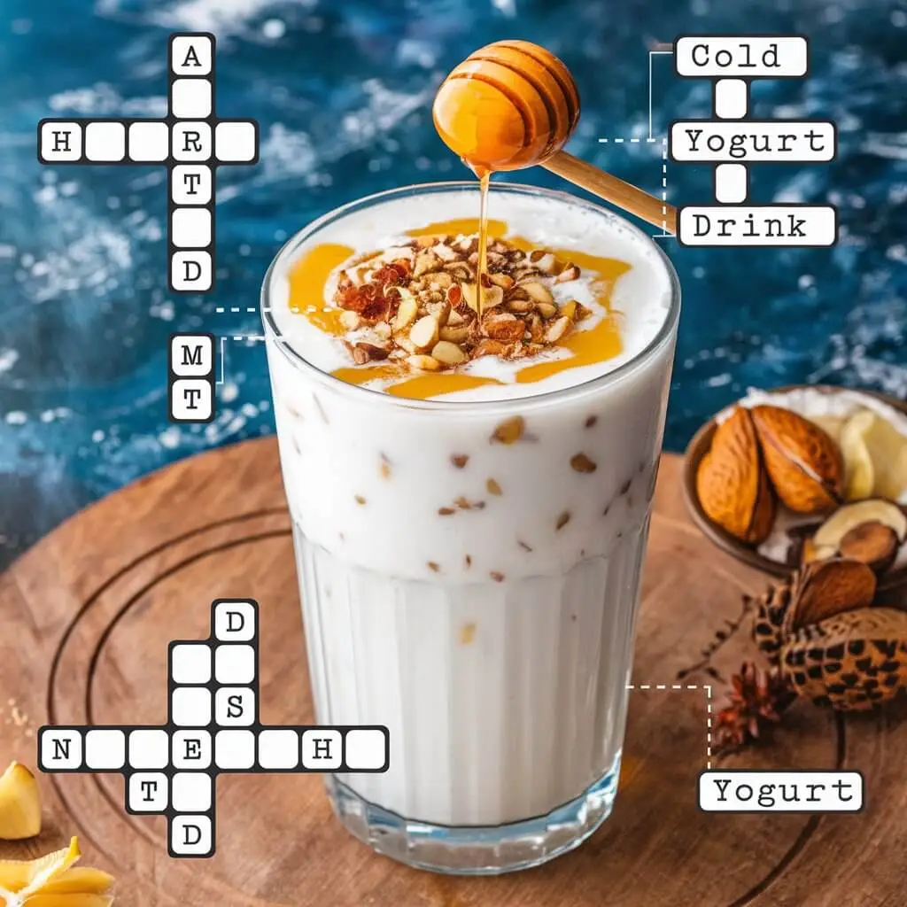 A glass of cold yogurt drink topped with chopped nuts, honey drizzle, and a crossword puzzle overlay. The crossword highlights the terms "Cold Yogurt Drink" and related words.