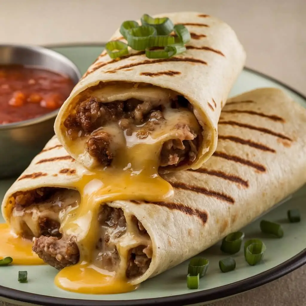 Two grilled cheese burritos stacked on a plate, filled with seasoned beef and melted cheese oozing out, garnished with green onions, and served with a side of salsa.