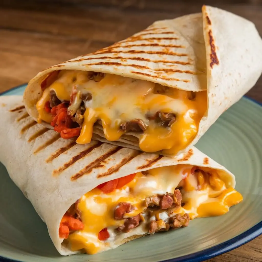 Two halves of a grilled burrito filled with melted cheese, spiced beef, and diced red peppers, placed on a green plate with grill marks on the tortilla.