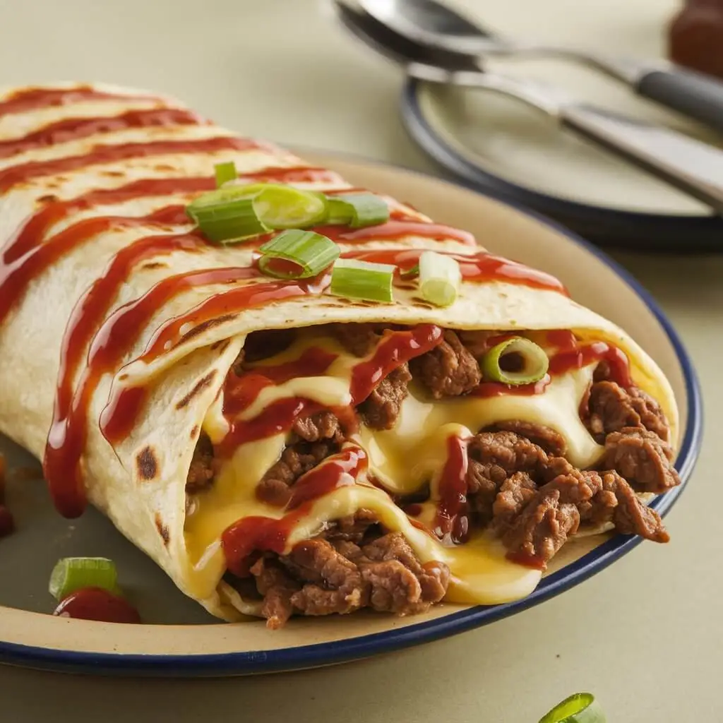 A close-up of a grilled cheese burrito filled with seasoned beef, melted cheese, and topped with drizzles of ketchup and garnished with chopped green onions, served on a beige plate.