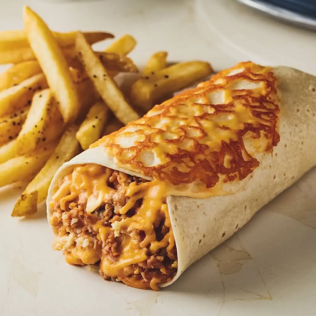 A grilled cheese burrito filled with seasoned meat and creamy sauce, topped with crispy melted cheese, served on a plate with golden fries in the background.