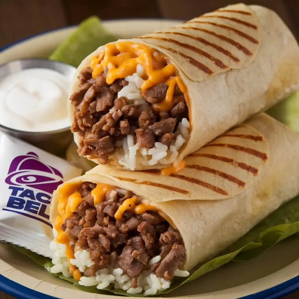 A close-up of two grilled burritos filled with seasoned beef, rice, and melted cheese, served with a side of sour cream and wrapped in a soft tortilla with grill marks. The plate includes a Taco Bell sauce packet.