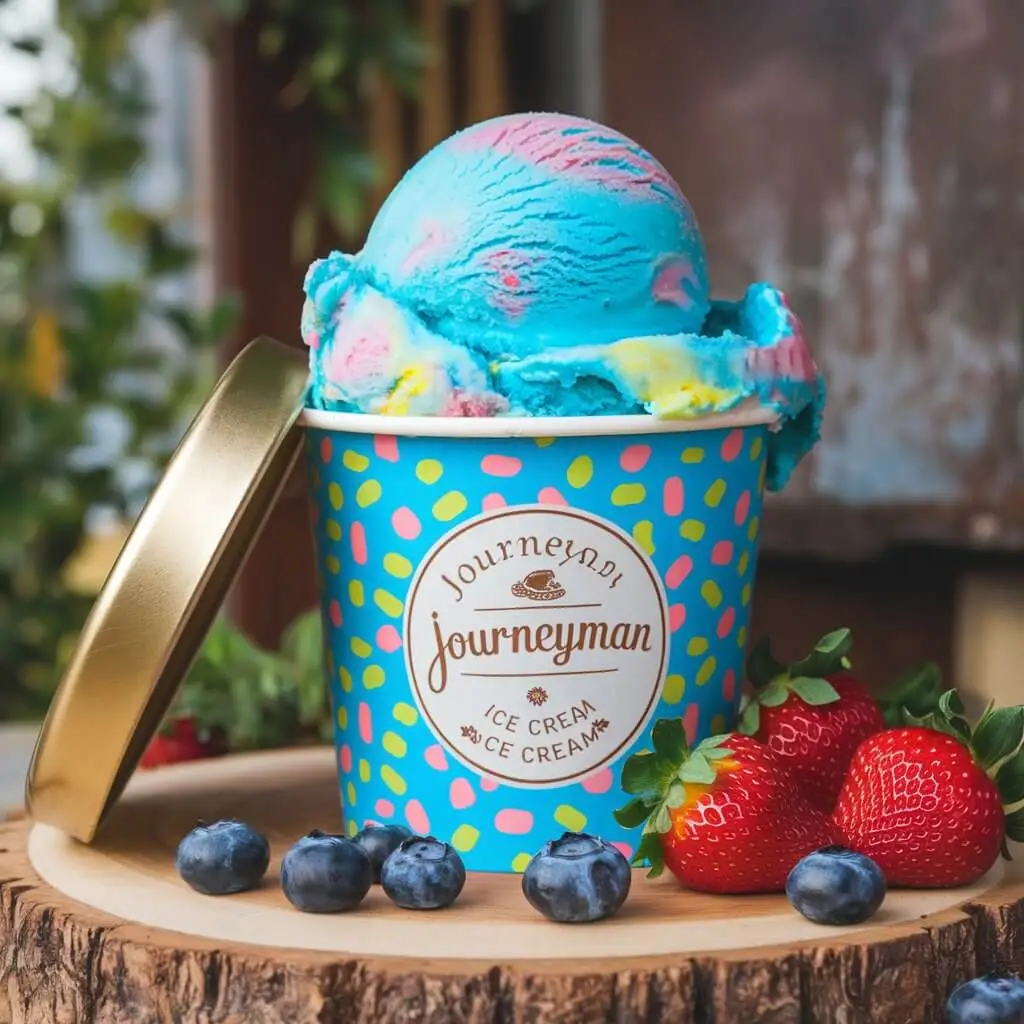 A vibrant tub of Journeyman ice cream with a scoop of colorful blue, pink, and yellow ice cream, surrounded by fresh strawberries and blueberries.