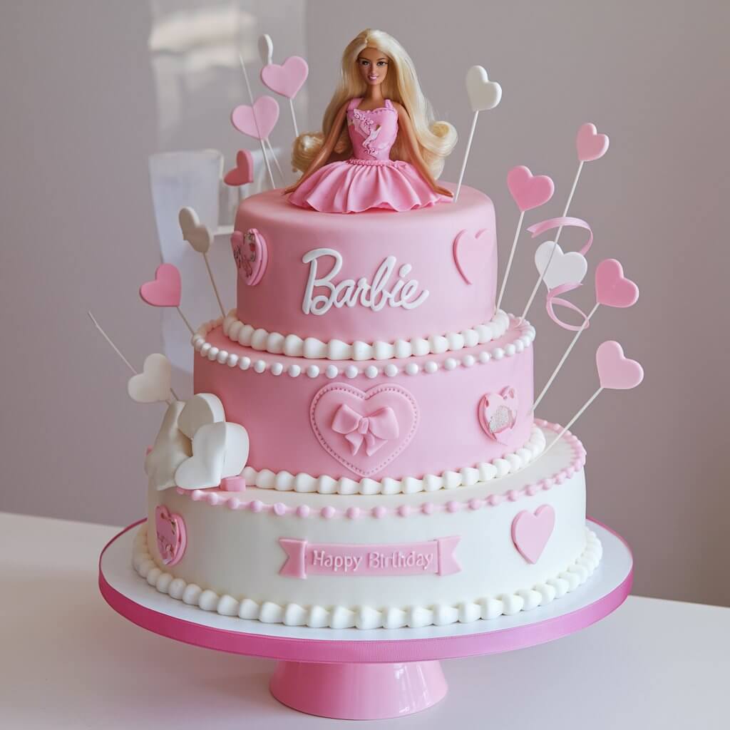 A tiered Barbie-themed birthday cake featuring a doll on top, pink and white layers, heart-shaped decorations, and intricate fondant details.