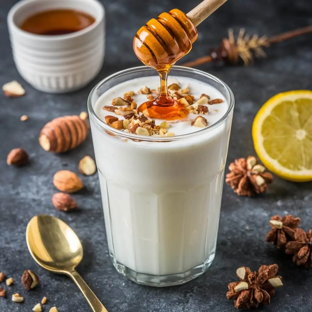 A glass of creamy yogurt drink topped with chopped nuts and a honey drizzle, surrounded by lemon, almonds, and a golden spoon.