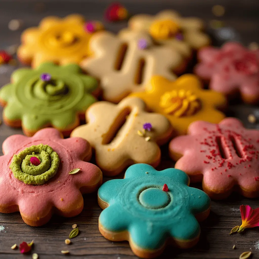 A vibrant assortment of flower-shaped cookies in various colors, including pink, green, blue, yellow, and beige, arranged on a wooden surface and decorated with unique toppings like sprinkles, frosting, and edible flowers.