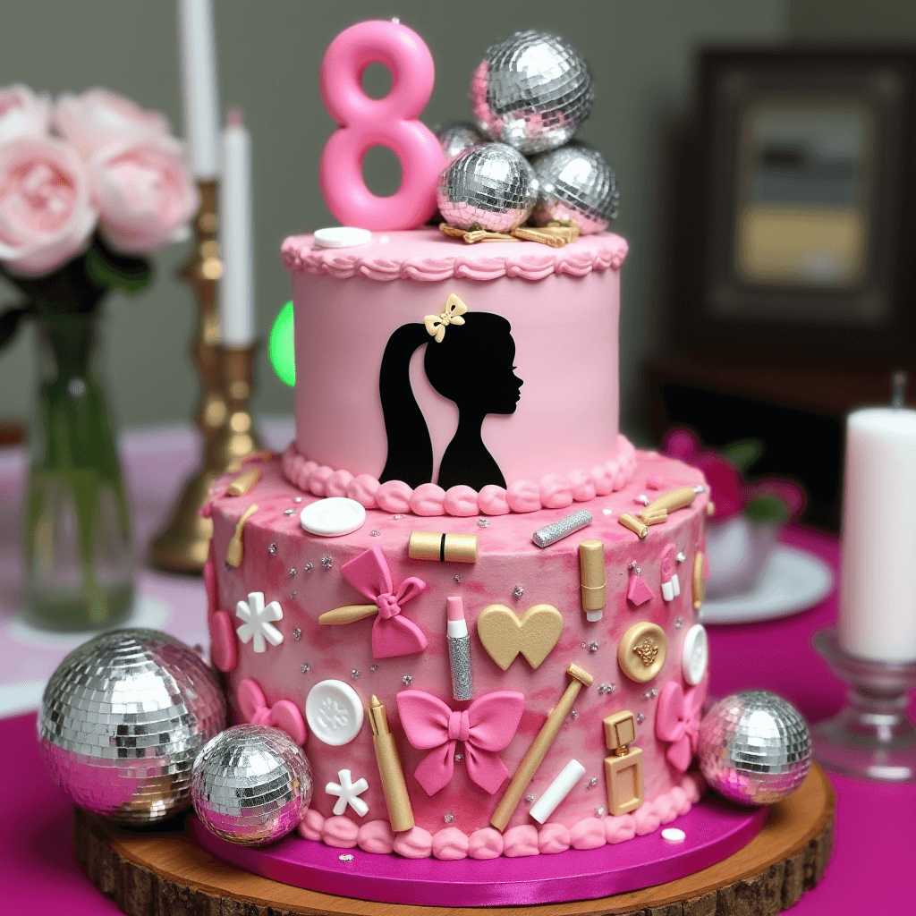 A two-tiered pink Barbie-inspired birthday cake adorned with a silhouette of Barbie's profile, surrounded by makeup and fashion-themed decorations like lipstick, bows, and glitter accents. The top tier is topped with a pink "8" candle and metallic disco balls, creating a glamorous design.