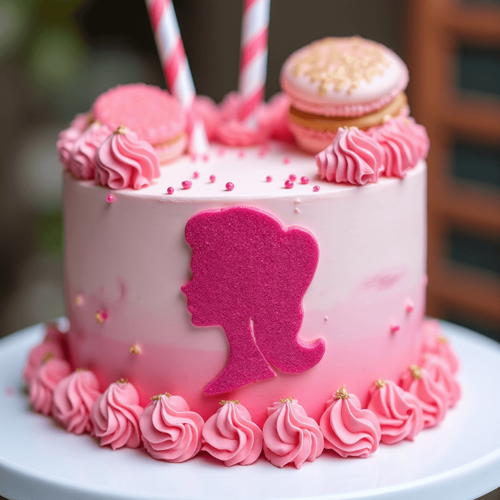 A pink-themed cake with an ombre frosting design, decorated with a silhouette of a woman, pink piping, macarons, and candy-striped straws.