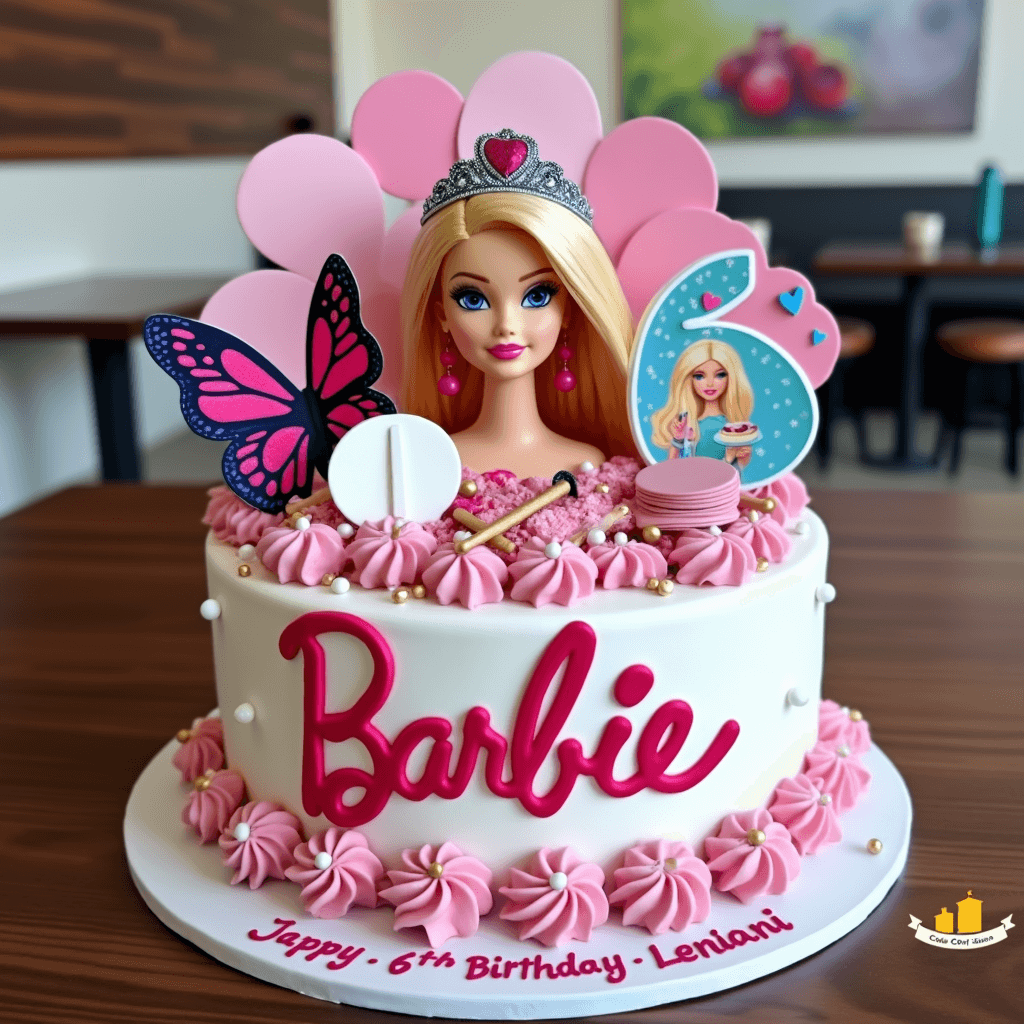 A pink Barbie-themed birthday cake decorated with a Barbie doll topper, a tiara, a butterfly, and various pink and gold accents. The cake features the name "Barbie" prominently in script and a "6" decoration, with the message "Happy 6th Birthday, Leilani" written on the cake board.