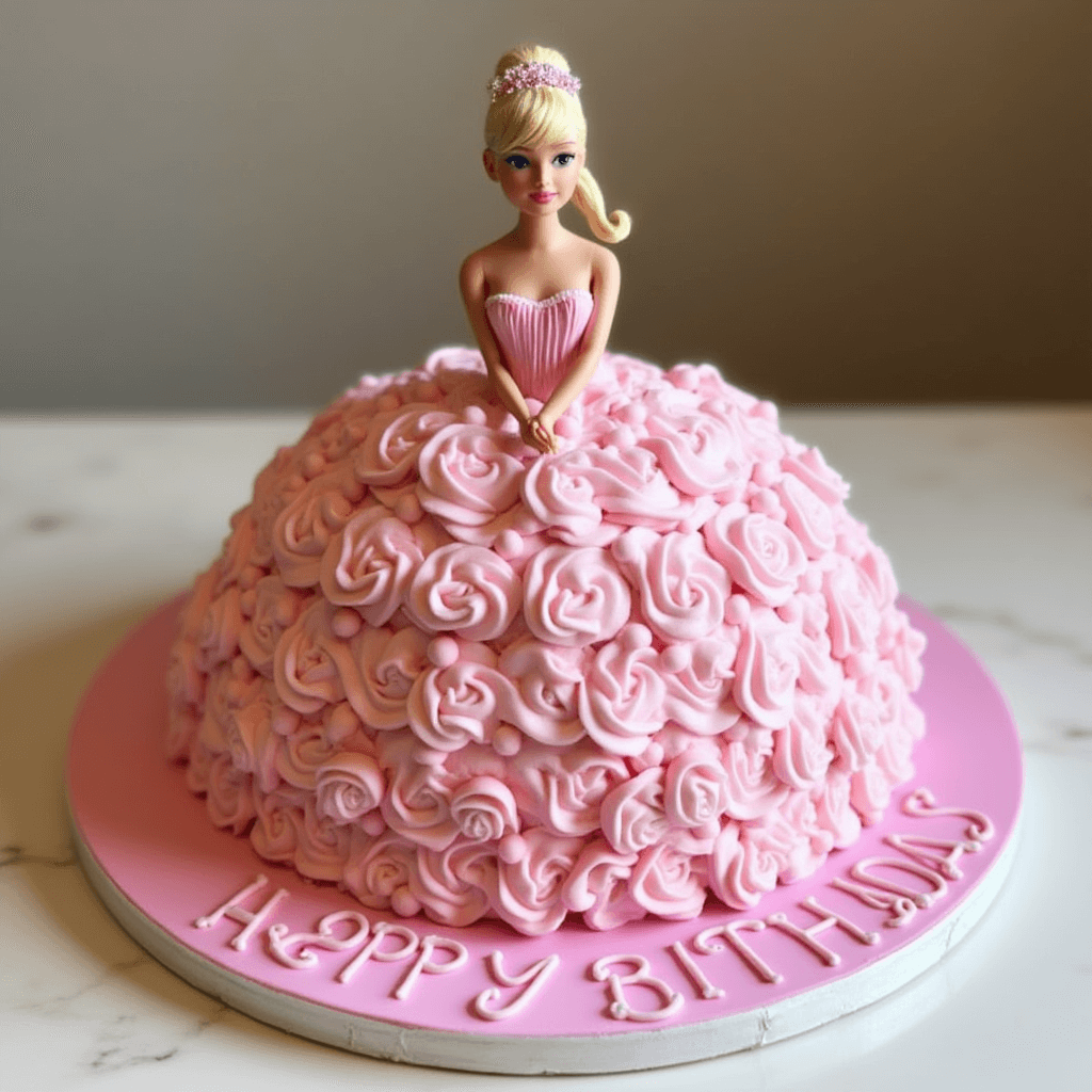 A Barbie doll cake designed to look like a princess dress, featuring pink frosting piped into intricate rose patterns. The Barbie doll stands at the center, wearing a matching pink bodice and a tiara. The cake is displayed on a pink base with "Happy Birthday" written in frosting.