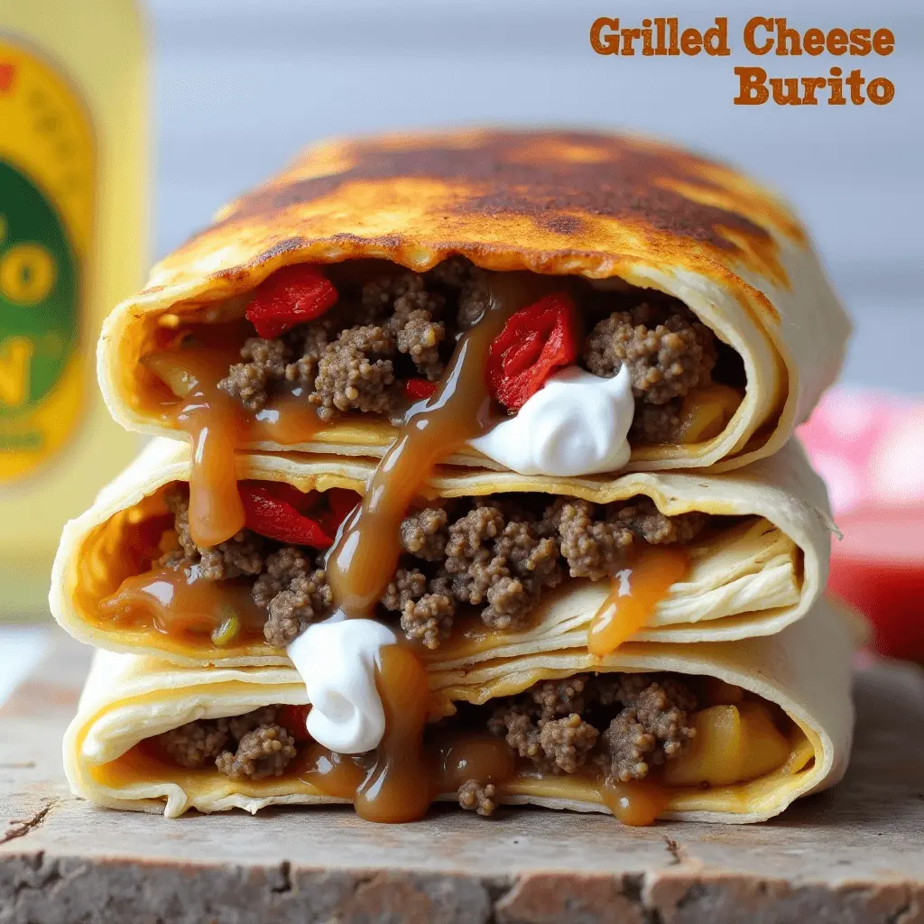 A stack of two grilled cheese burritos stuffed with seasoned ground beef, melted cheese, and garnished with sour cream, gravy, and sliced red peppers.