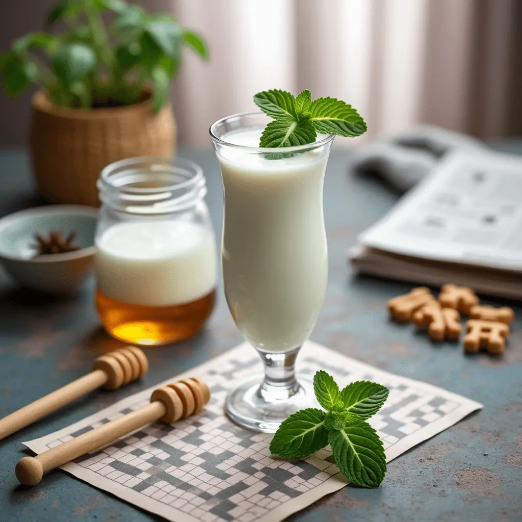 A glass of cold yogurt drink garnished with fresh mint leaves, placed on a crossword puzzle sheet with honey, milk, and cookies in the background.