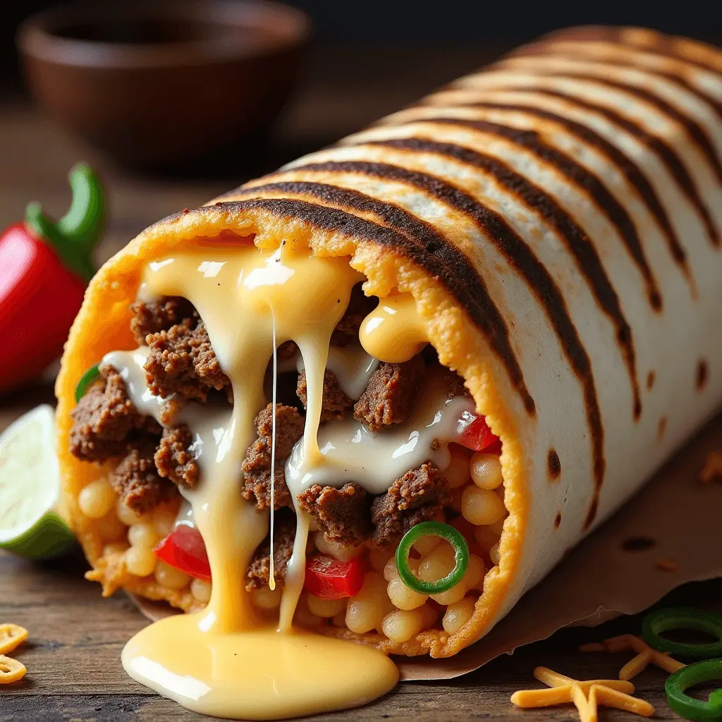 Close-up of a grilled tortilla wrap filled with spiced beef, melty cheese, couscous, diced tomatoes, and green onions, with cheese oozing out.