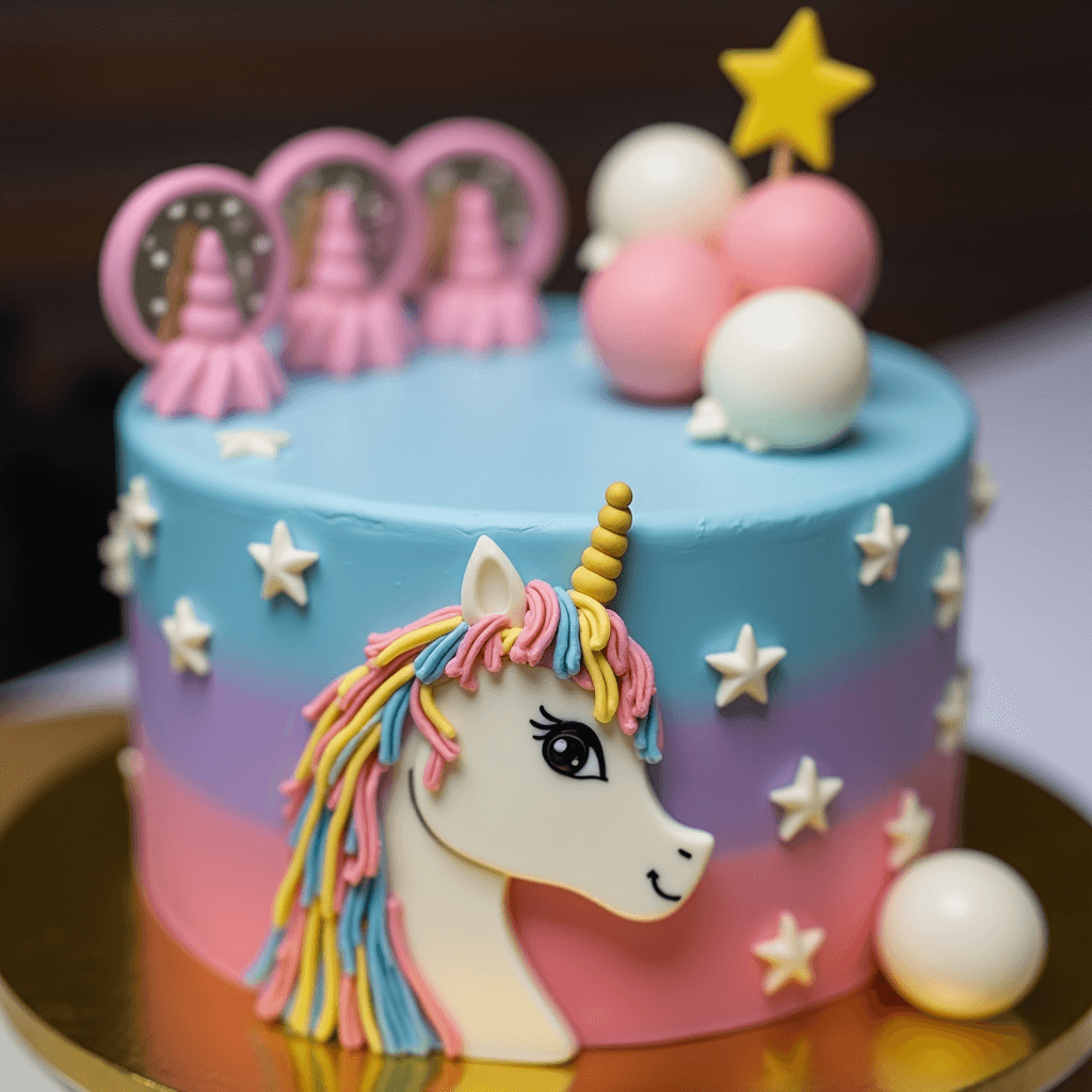 A pastel gradient unicorn cake with a blue and purple ombre base, decorated with white fondant stars, a 3D unicorn face, and vibrant rainbow-colored mane. The top features pink and white decorative spheres, a yellow star topper, and pink candy embellishments.