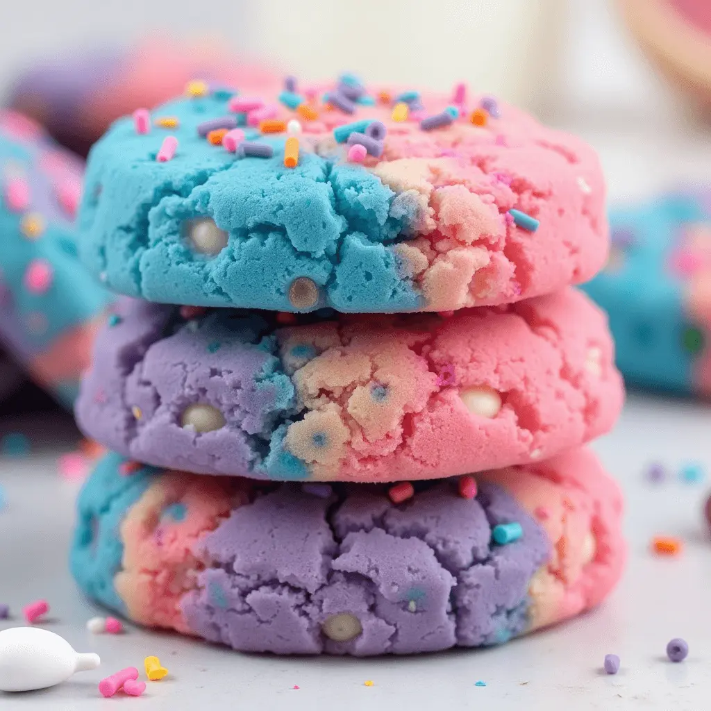 A stack of three vibrant cookies in pastel blue, pink, and purple shades, decorated with white chocolate chips and colorful sprinkles. The cookies have a crumbly texture and are styled on a light background with scattered sprinkles.