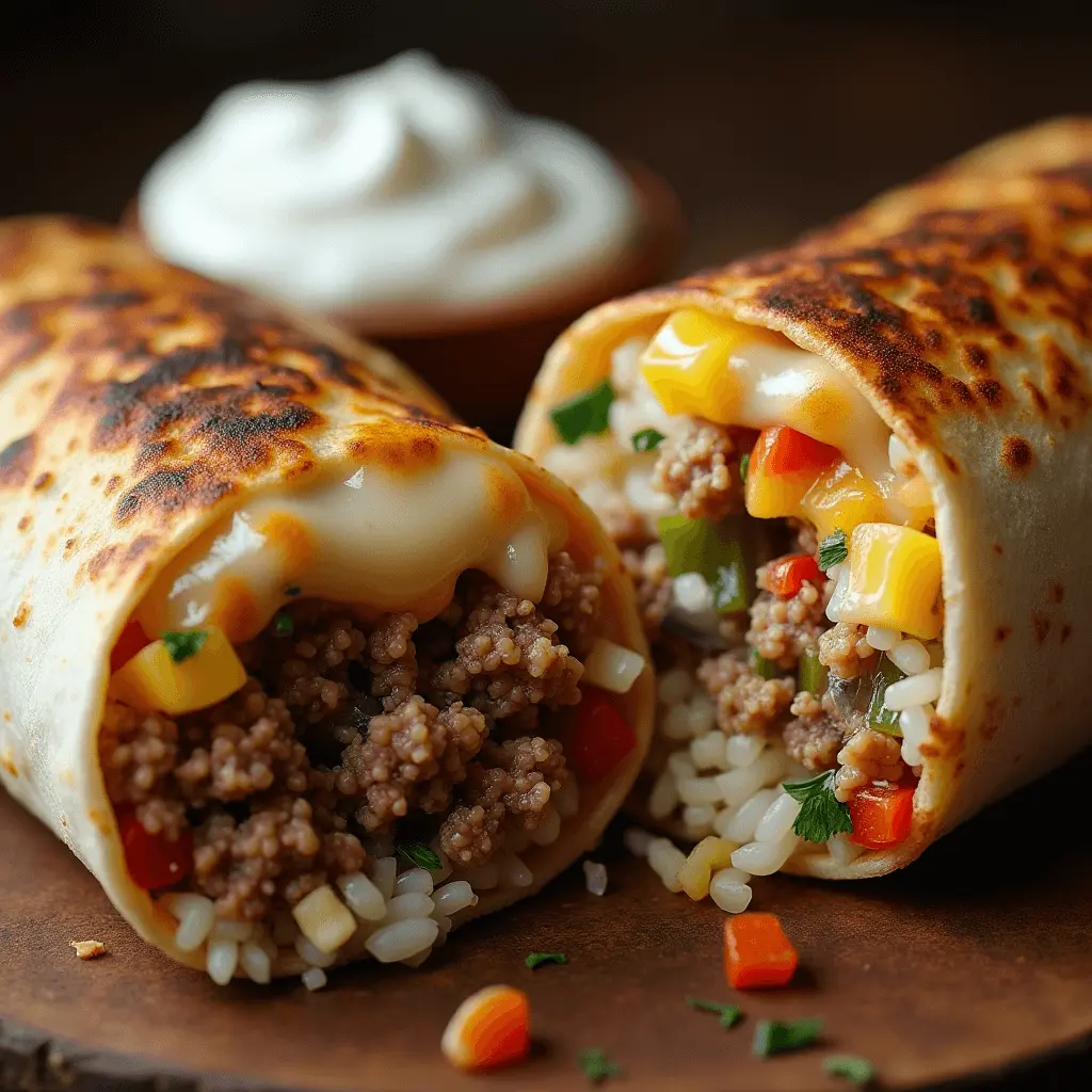 A close-up of two grilled burritos filled with seasoned ground meat, rice, colorful diced vegetables, and melted cheese, with a bowl of sour cream in the background.