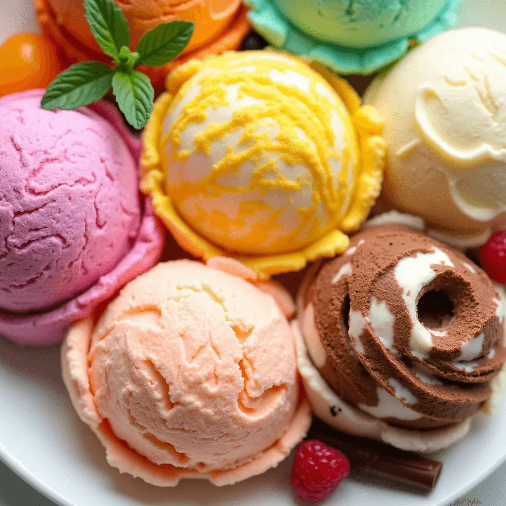 A colorful assortment of ice cream scoops in various flavors, including chocolate, vanilla, strawberry, mango, and mint, garnished with fresh mint leaves and raspberries.