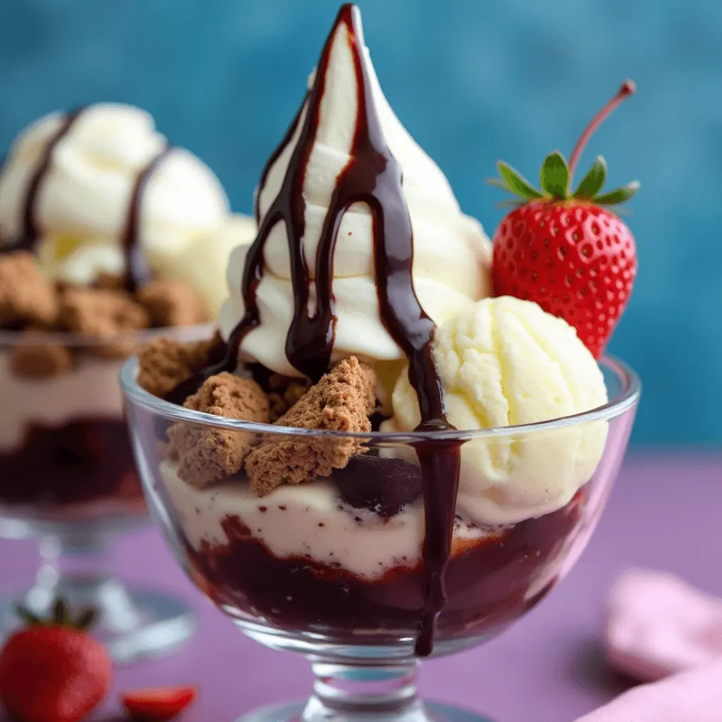 A delicious ice cream sundae served in a glass dish, topped with chocolate sauce, fresh strawberries, crunchy cookie pieces, and vanilla ice cream.