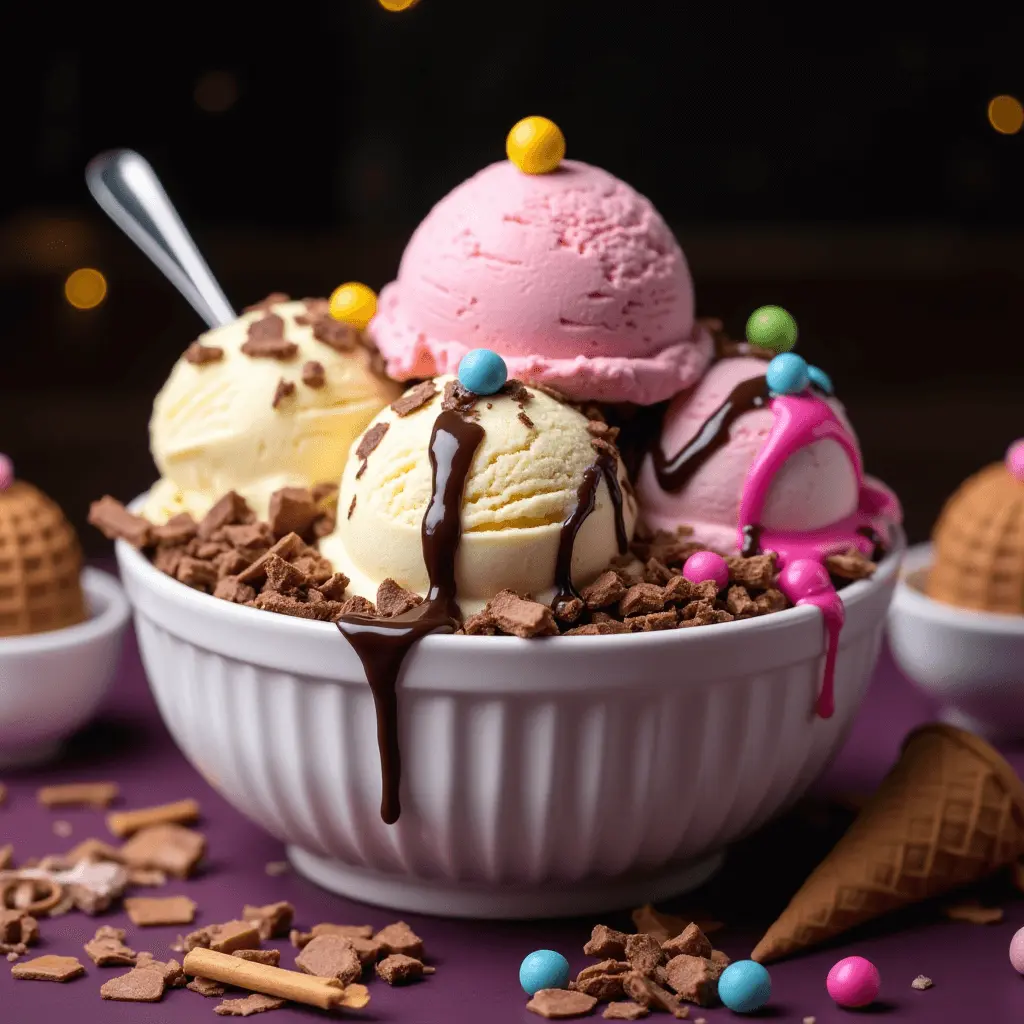 A delicious bowl of ice cream with scoops of vanilla and strawberry, drizzled with chocolate sauce and topped with colorful candy pearls, surrounded by chocolate chunks and waffle cones.