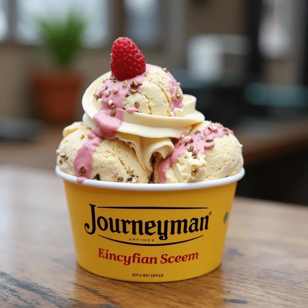 A cup of vanilla ice cream with pink drizzle, crunchy toppings, and a fresh raspberry on top, served in a yellow "Journeyman" branded container.