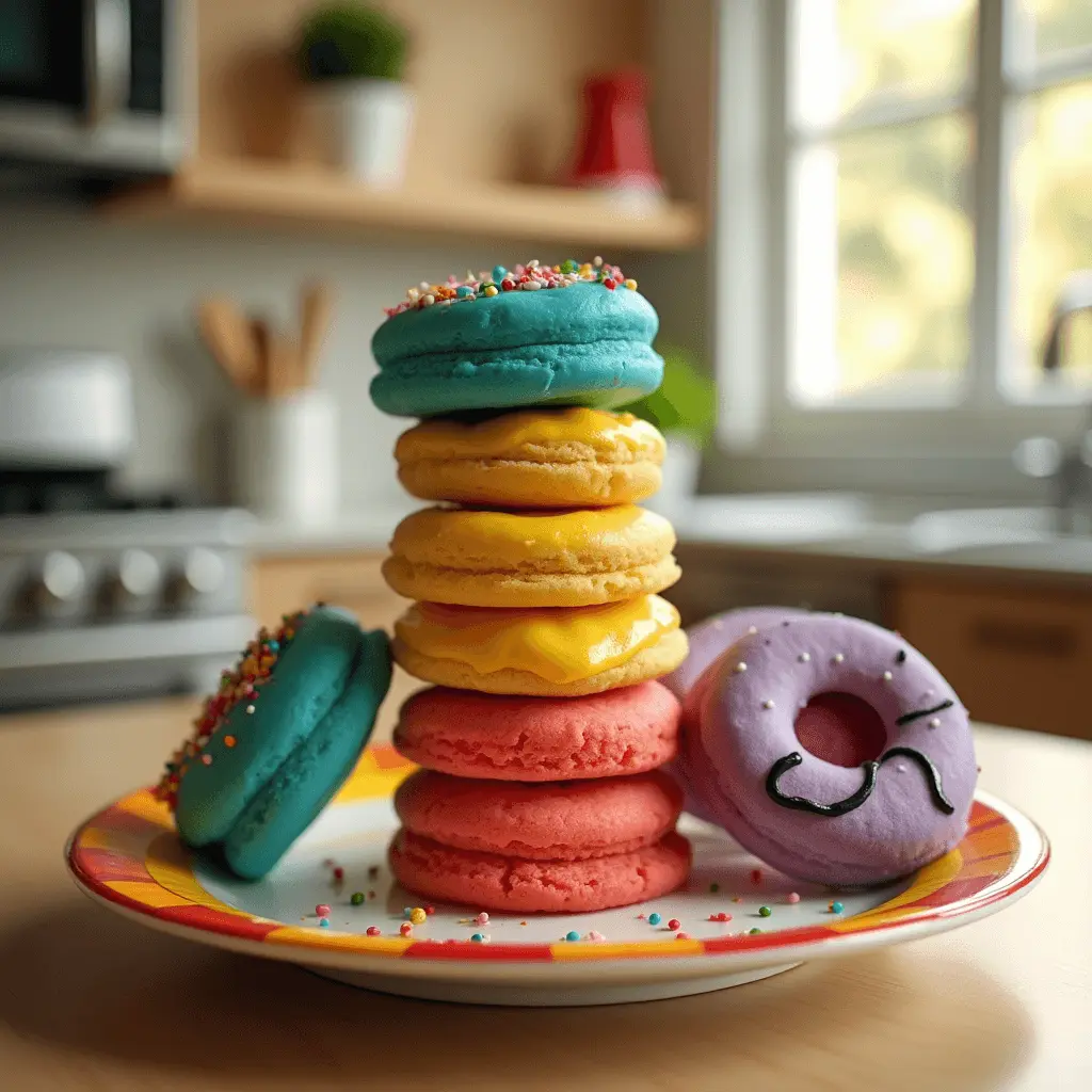 A colorful stack of macarons in blue, yellow, pink, and purple hues sits on a vibrant plate. The macarons are topped with sprinkles and surrounded by more sprinkled treats, placed in a bright, modern kitchen setting.