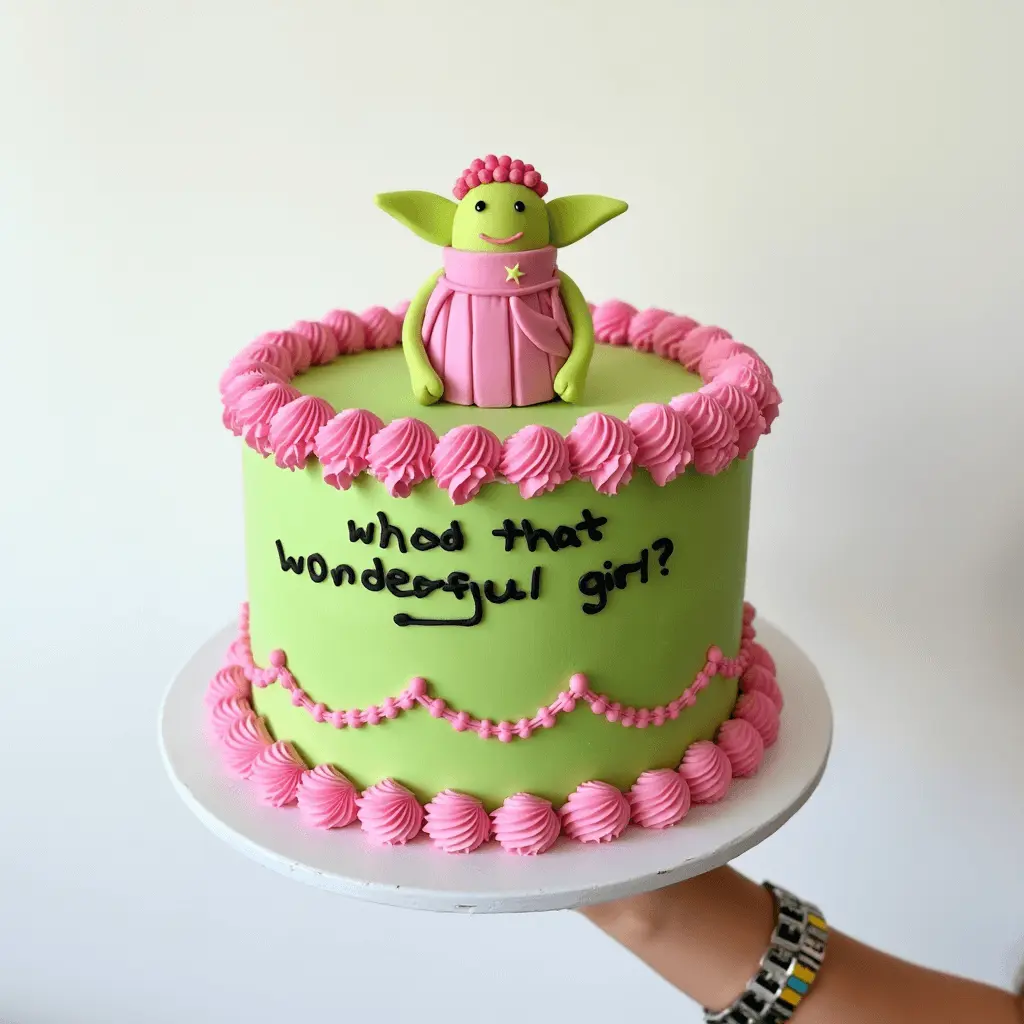 A Nanalan-themed birthday cake featuring a green fondant character with large ears, a pink dress, and a flower crown. The cake is covered in light green fondant with pink piped borders and the phrase "who'd that wonderful girl?" written in black icing.