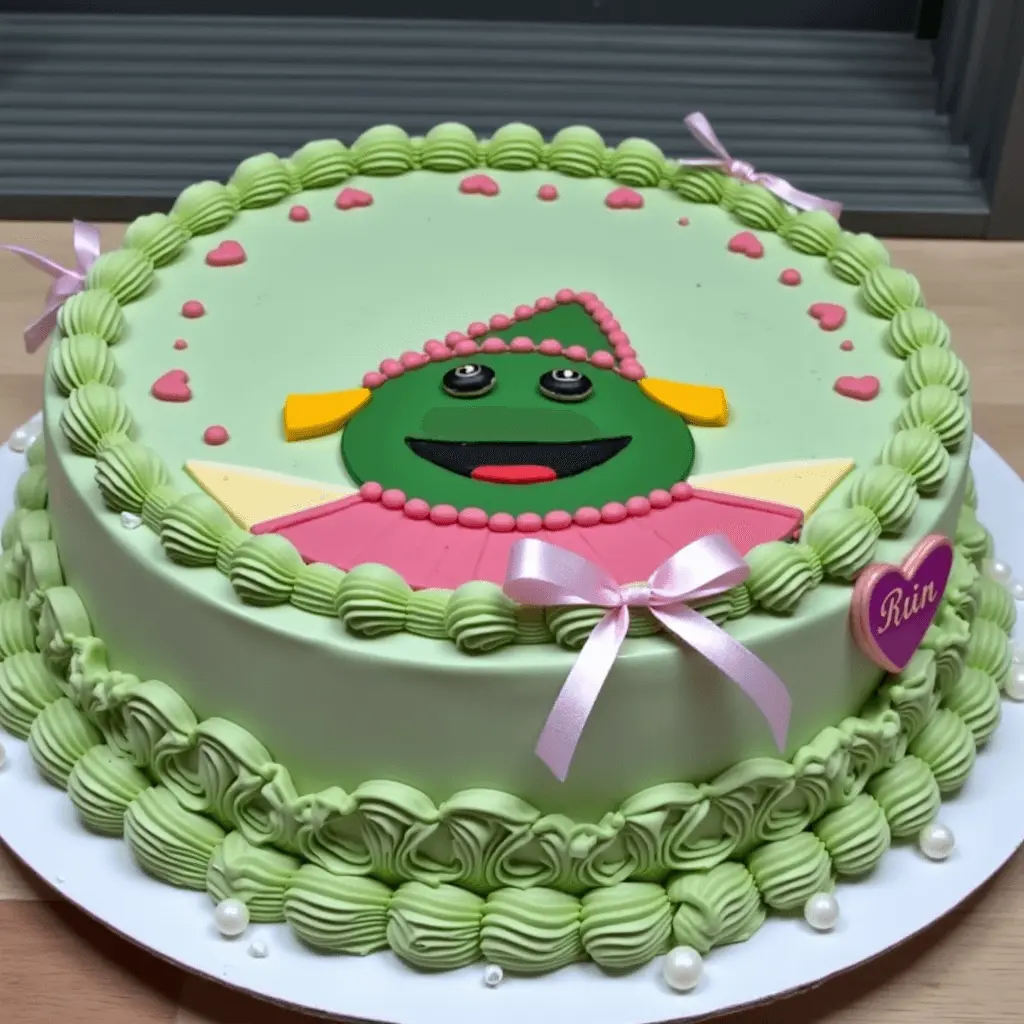 A colorful Nanalan-themed cake decorated with a green frosting base, pink icing accents, and a fondant design of the Nanalan character on top. The cake features piped borders, pink ribbons, and a heart-shaped plaque with the name "Rin."