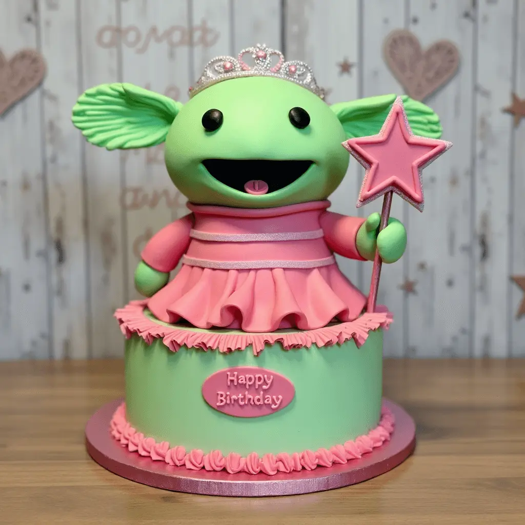 A colorful birthday cake styled as the character Nanalan, featuring a bright green face, large ears, a silver tiara, and a pink star wand. The cake is decorated with a pink dress, ruffles, and a "Happy Birthday" plaque on the base.