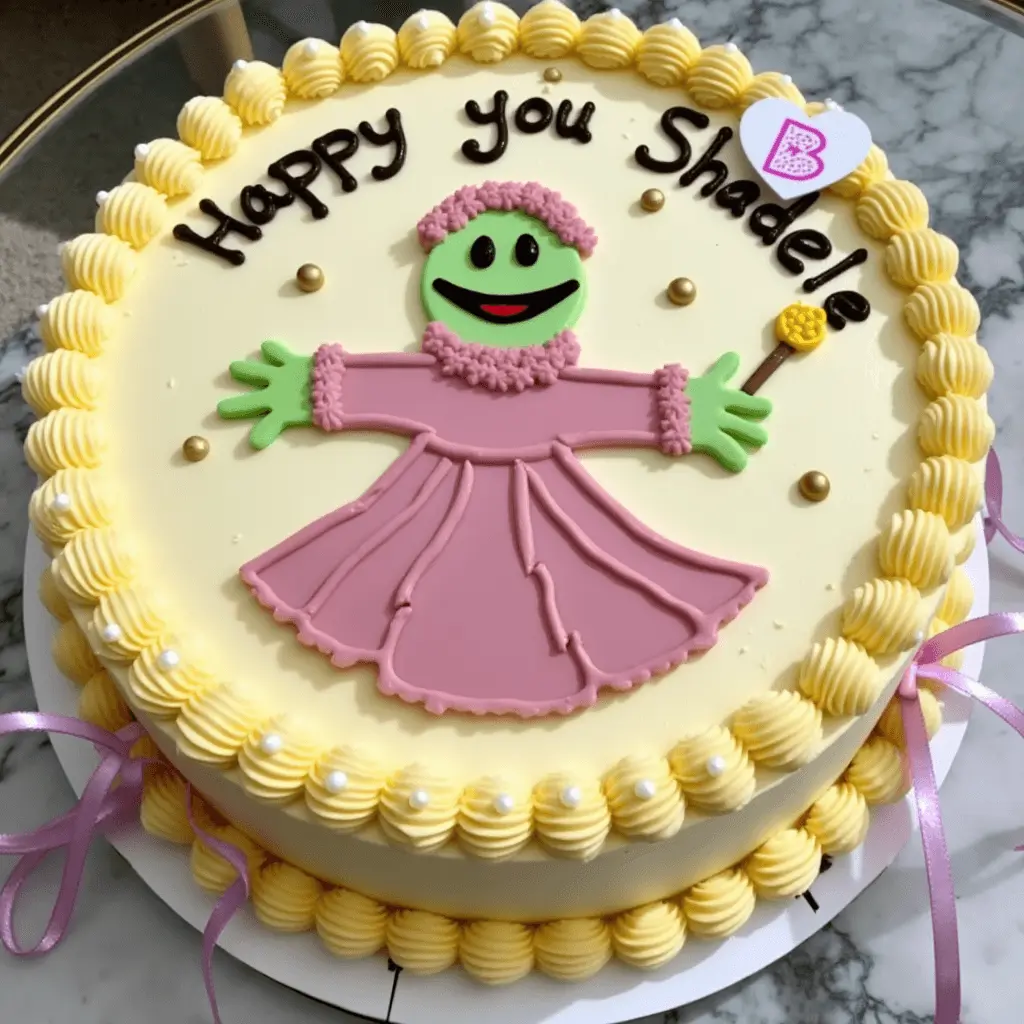 A whimsical Nanalan-themed cake featuring a fondant character in a pink dress on a yellow frosting base. The text "Happy you Shadele" decorates the top, with piped frosting borders, pearl accents, and pink ribbon bows around the cake.