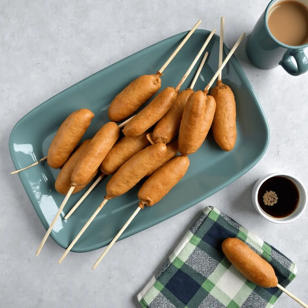 A teal platter filled with golden-brown pancake-wrapped sausages on sticks, served with coffee and syrup on a light grey surface.