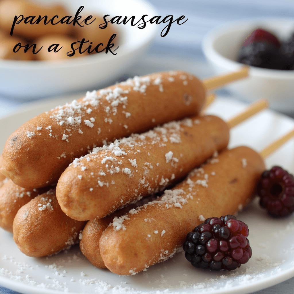 A plate of golden-brown pancake-wrapped sausages on sticks, dusted with powdered sugar, served with fresh blackberries.